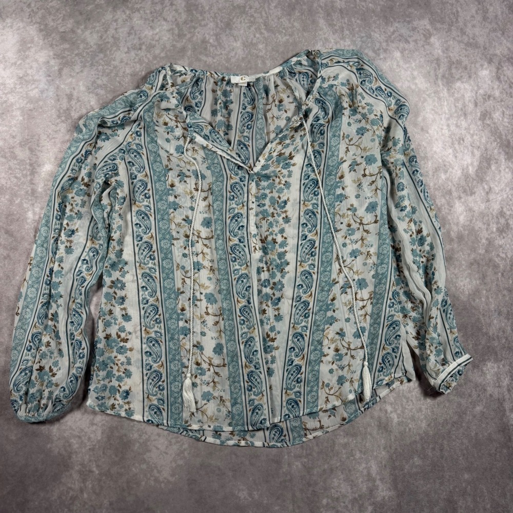 Sheer Blue Paisley Floral Stripe Tassel Blouse Womens Size Small Peasant Boho